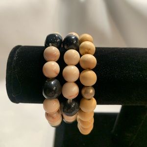 Set of 3, Tan/Black beaded stretchy bracelets